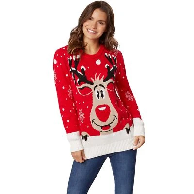 Damen Weihnachtspullover Rudi Rentier Strick Pulli Sweater Weihnachten Xmas rot