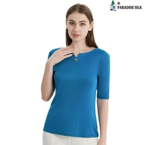 Camiseta de seda para mujer de media manga con cuello de muesca - Imagen 1 de 10