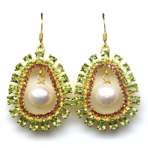 Gema Perla Blanca, Peridoto, Rodolita Granate Pendientes 925 Silver18K Oro - Imagen 1 de 4