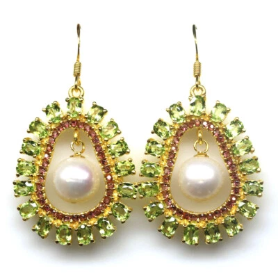 Gemstone White Pearl, Peridot, Rhodolite Garnet Earrings 925 Silver18K Gold - Image 1 of 4