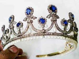 vintage style Diamond sapphire pearl Queen Marrie Amelie' sapphire pear tiara - Picture 1 of 2
