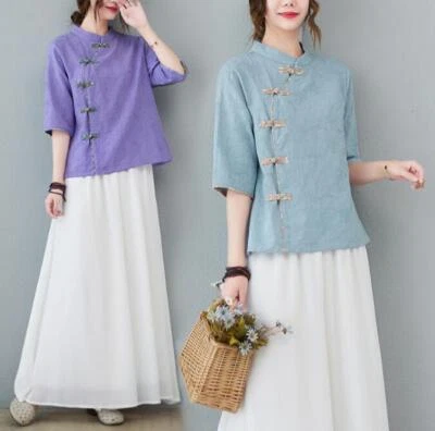 Summer Chinese Style 3/4 sleeve Tops Women's Casual Cotton Linen Shirts Blouse - Image 1 of 4