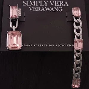 VERA WANG Rocker Chic Gunmetal Chain Pink/Clear Crystal Mismatch Drop Earrings - Picture 1 of 3