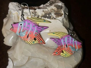 Multi Color Painted Wooden Angel Fish Dangle Earrings  - Picture 1 of 3