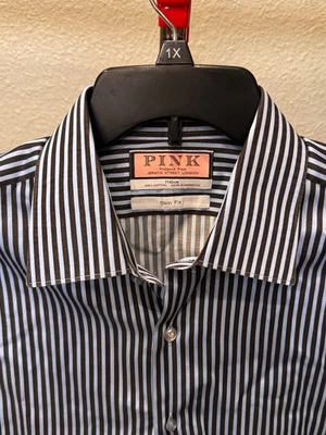 MINT Thomas Pink Blue Gray Stripe LONG SLEEVE BUTTON UP SHIRT XL Slim 17 x 38  - Image 1 of 4