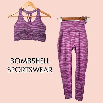 Bombshell Sportswear Sexy Back Leggings and Sports Bra Purple Striped Set S/M - Image 1 of 4