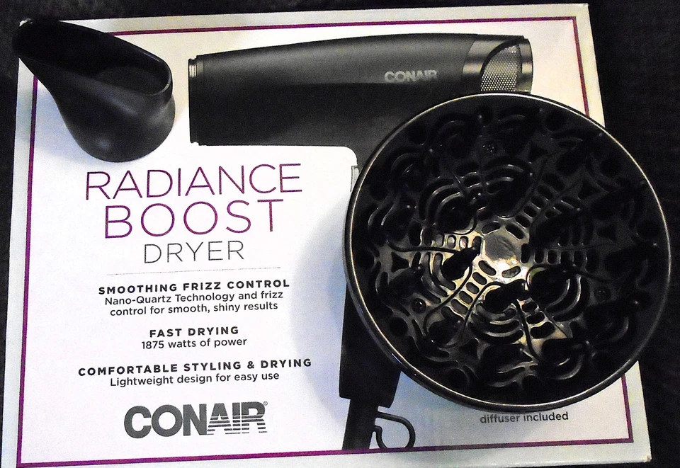 Conair Radiance Boost 1875W Nano Quartz Ceramic Frizz Control Hair Dryer Black
