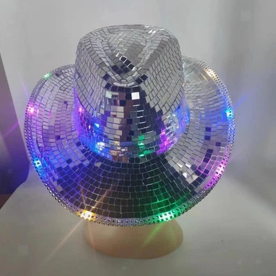 Cappello da cowboy da discoteca con specchio illuminato, berretto da cowgirl - Immagine 1 di 4