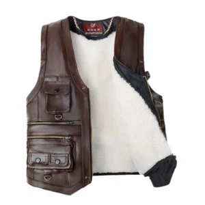 Real Cowhide Leather Vest with Real Sheepskin Fur Warm Waistcoat Jacket 60-90kg - Picture 1 of 21