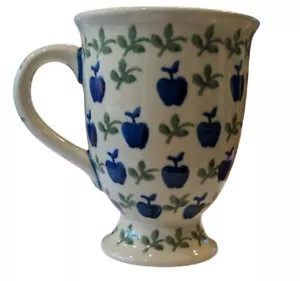 Polish Apple Pottery Pedestal Coffee Cup Mug Hand Made Poland Blue Green White - Picture 1 of 5