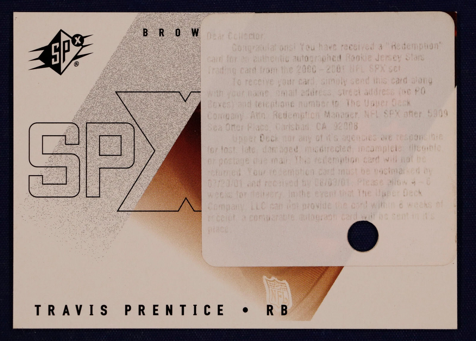2000 SPx #157 Travis Prentice REDEEMED/REDEMPTION PUNCHED JSY AU RC