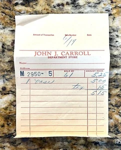 Vintage John Carroll Department Store Receipt Newark Ohio Hudson Avenue - Picture 1 of 4