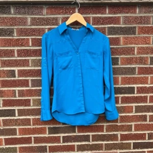 Express Bright Blue The Portofino Shirt Button Down Chiffon Blouse Top - Picture 1 of 3