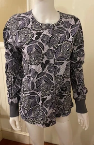 Med Couture Floral Print Scrub Top XS Women's White Blue Long Sleeve Pockets - Picture 1 of 11