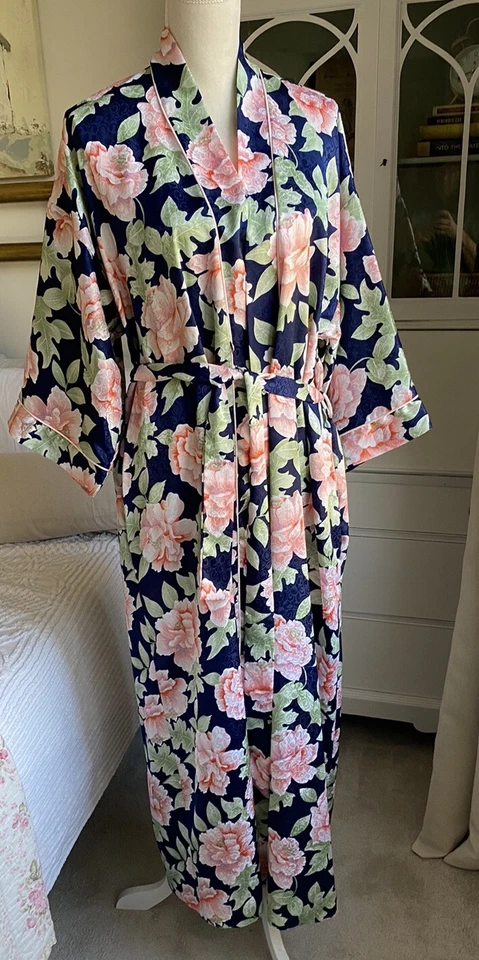 Винтажный Christian Dior халат Y2K 90-х цветочный атласный подпоясанный карманы M темно-синий - Изображение 1 из 4
