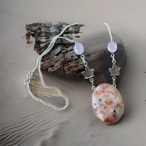 Sunstone & Pink Chalcedony Gemstone Pendant Necklace - Brand New - Picture 1 of 3