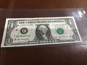 RARE 2003A $1 FEDERAL RESERVE NOTE WITH VERY LOW SERIAL # 00000279 - Picture 1 of 6