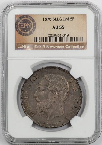 NGC AU55 1876 Belgium 5 Francs Leopold II Silver Coin Ex: EPN Cover