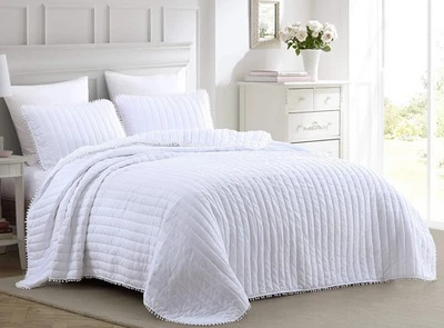 Chezmoi Collection Iris 3-Piece White Pom Pom Quilt Set - Ball Fringe Channel... - Image 1 of 4