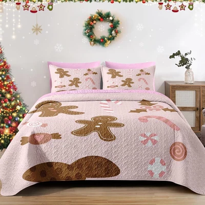 Juego de edredón Navidad tamaño king, rosa lindo dibujo animado pan de jengibre hombre cama ligera Foto 1 de 4