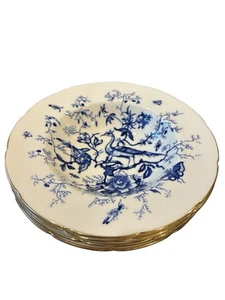 Coalport Cairo Blue Rim Soup Bowls Set of 4 – Scalloped, Gold Trim, Birds – MINT - Picture 1 of 6