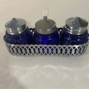 Set crogiola blu cobalto vintage in vassoio argento cucchiaio incluso - Foto 1 di 13