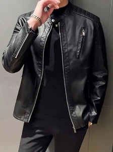 Men's Faux Leather Motorcycle Biker Black Jacket Zipper Pockets & Button Collar - Picture 1 of 8