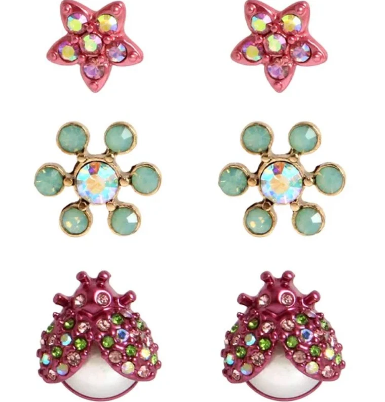 Betsey Johnson Starfish Pink Crystal Lady Bug & Green Flowers Stud Set A14