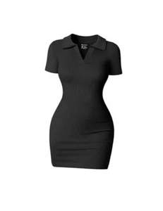 Women's Mini Dresses Sexy Ribbed Short Sleeve Tummy Control Large Black - Picture 1 of 6