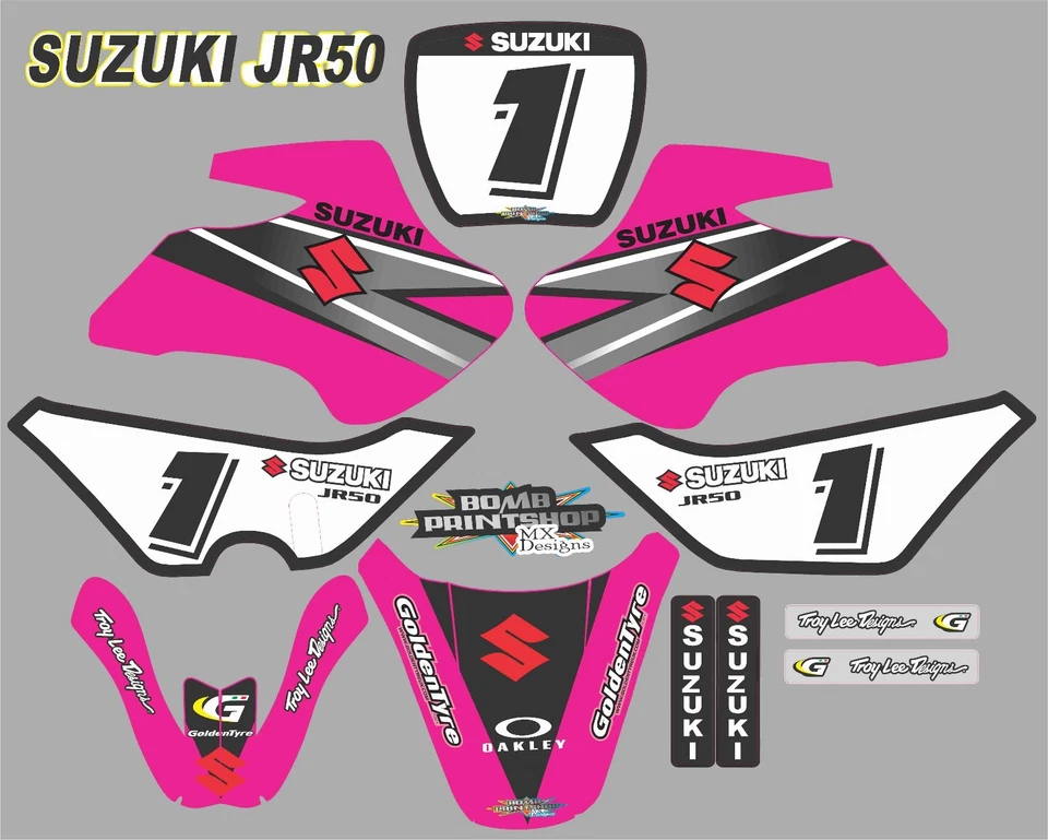 Conjunto completo de decalques gráficos Suzuki JR50 ROSA ADESIVOS LAMINADOS MOTOCROSS - Imagem 1 de 1