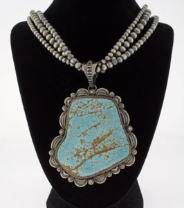 3-Strand Silver Bead Necklace With High Grade Natural #8 Turquoise Pendant - Picture 1 of 5