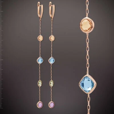 Gemstones chain dangle Earrings Russian Solid Rose gold 14k/ 585 NWT - Image 1 of 3