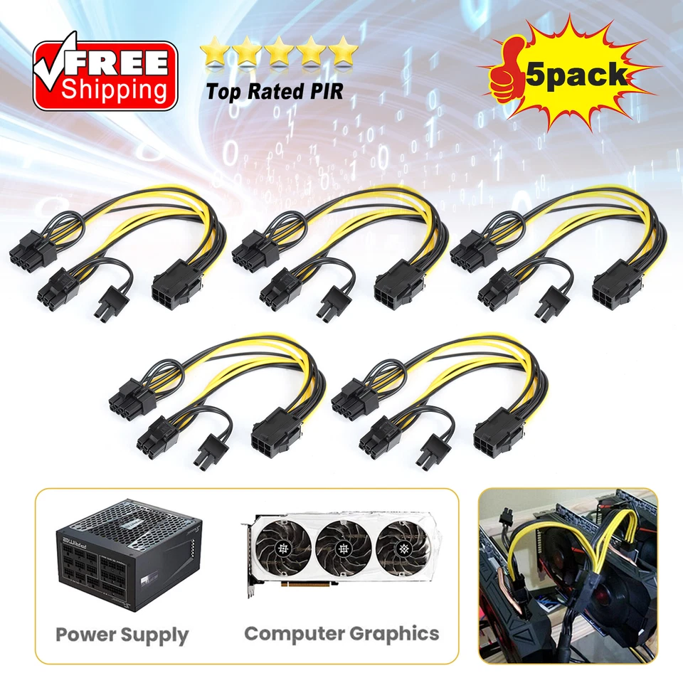 5pcs PCIE 6 pin Female to Dual PCI-E 6+2 pin 8P Male GPU Power Cable Splitter - Image 1 of 4
