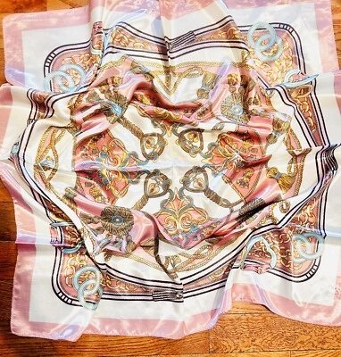 VINTAGTE Tassel &Rope  silk Scarf PINK,turquoise/white SQUAR SILK SCARF 35/35 in - Image 1 of 4