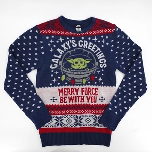 Star Wars Yoda Christmas Sweater Ugly Adult Medium Blue Merry Force Holiday Disn - Picture 1 of 9