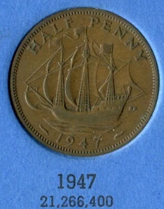 Foreign Coin - Great Britain - Half Penny (½ Penny) 1947 - Picture 1 of 2