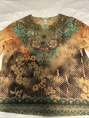 LIZ & ME FOR CATHERINES Top W size 0X 14/16W Beaded Tulle Aztec Whimsy Snake - Image 1 of 4