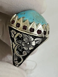 Handmade Men silver 925 Ring Turquoise Nayshabouri & France Ruby فيروز نيشابوري - Picture 1 of 19