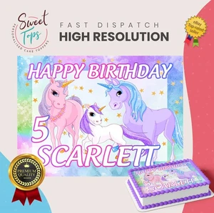 Unicorn Personalised Rectangle Edible Birthday Cake Topper Cake Decoration - Picture 1 of 7
