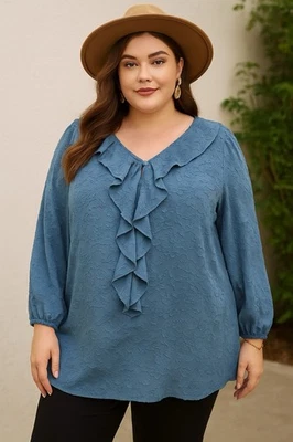 Lauren Conrad Ruffle Neck Blouse Size XXL Blue Floral Print Long Sleeve Bohemian - Image 1 of 4