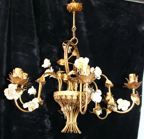Vintage italian Metal golt gilt porcelain roses  basket Chandelier lamp Cover