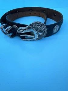 Chacon Southwestern Sterling Silver Buckle Concho Leather Belt 29 Signed Tooled - Picture 1 of 9