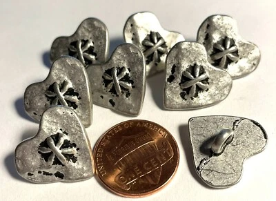 8 Antique Silver Tone Metal Shank Heart Buttons Black Accent 11/16" 18mm 12800 - Image 1 of 2