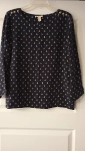 J. Crew 100% Silk Blouse Navy Blue Anchor Print & Anchor Button Women’s Sz 10 - Picture 1 of 7