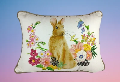 Pottery Barn Spring Floral Bunny Rabbit Lumbar Pillow 12" x 16", Original Tag - Image 1 of 4