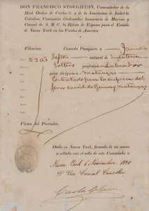 E4269 USA US SPANISH CONSULATE IN NEW YORK 1858. SPAIN PASSPORT TO SPANISH - Picture 1 of 1