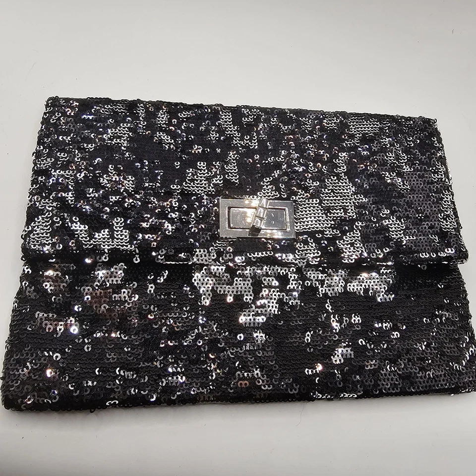 Bolsa clutch Mossimo preta 6" x 9" glitter tom prata dinheiro antigo festa - Imagem 1 de 4