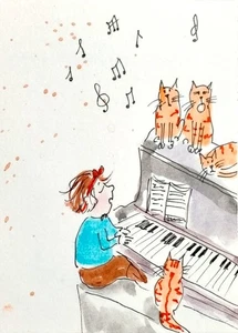 NEW! ACEO original handmade watercolor portrait little girl, baby ,cats infancy - Picture 1 of 5