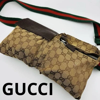 GUCCI Waist pouch GG canvas Shoulder Bag Sherry Line Beige Brown Leather  Used - Image 1 of 4