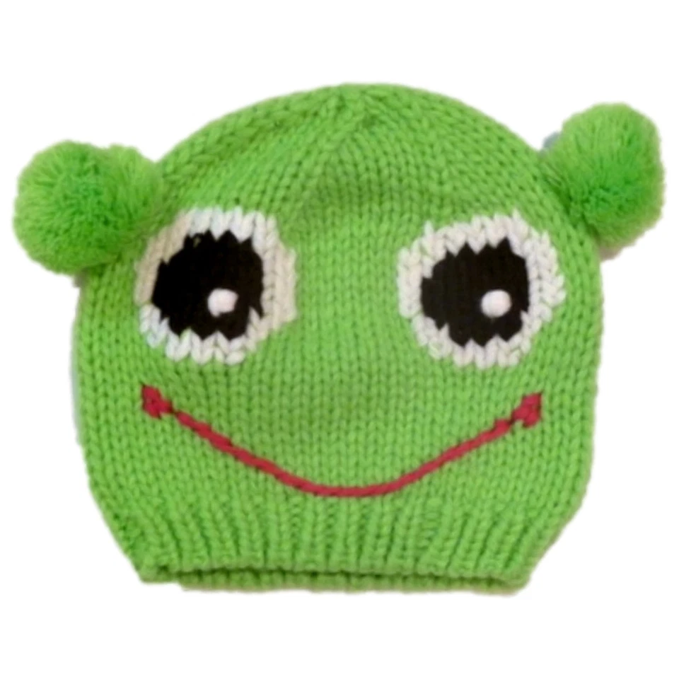 Girls Green Frog Hat Knit Beanie With Poms Stocking Cap - Image 1 of 1